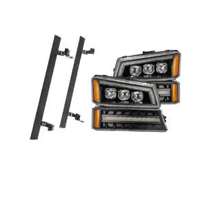Aftermarket running boards and LED headlights for a vehicle.
