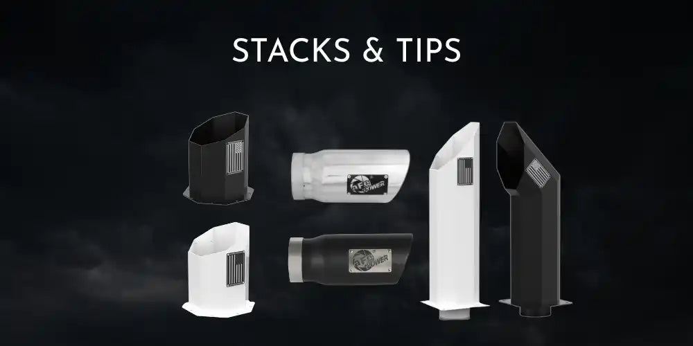 Assortment of black and white exhaust stacks and tips.