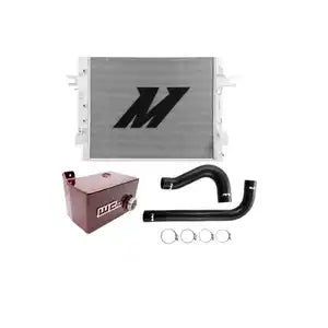 Automotive cooling system components including a radiator, reservoir, and hoses.