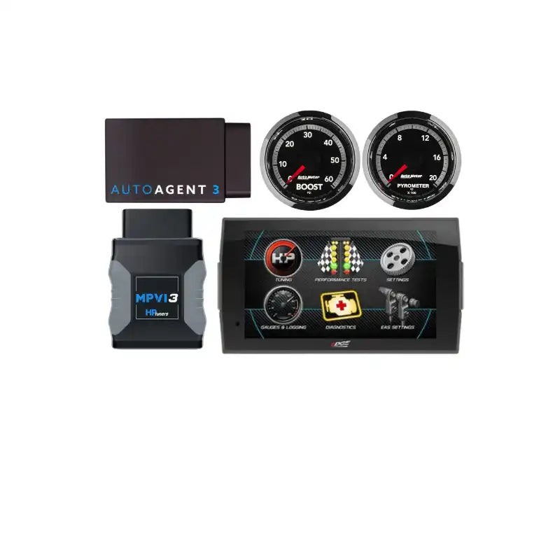 Automotive diagnostic and tuning tools, including an OBD-II interface, a handheld tuner, and two dashboard gauges.