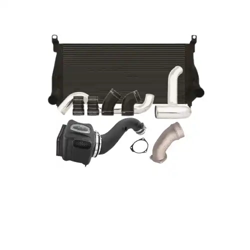 Automotive intercooler system with intake and piping components.