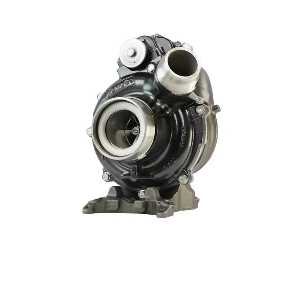 Automotive turbocharger with a black housing and silver-colored inlets.