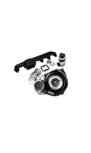 A black turbocharger kit with various components, including an exhaust manifold, gaskets, and a wastegate.