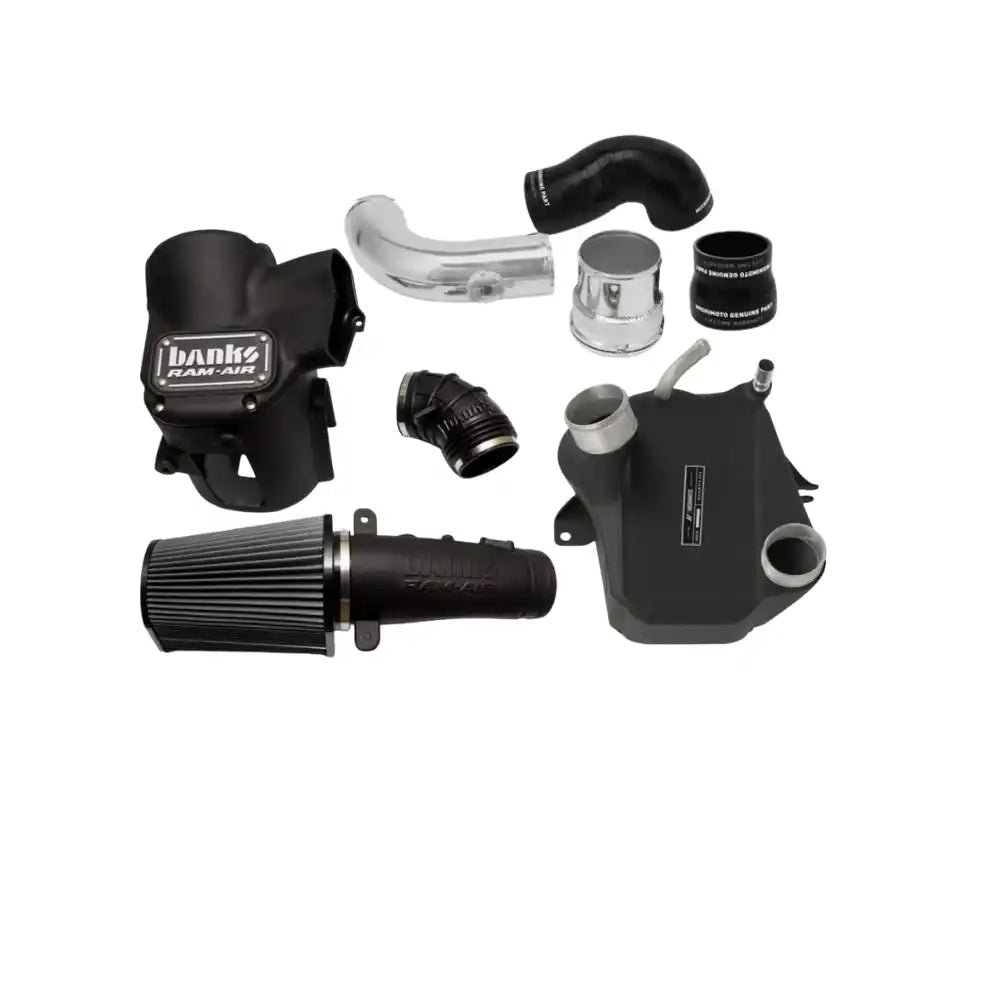 A collection of automotive performance parts, including an air intake system, pipes, and connectors.
