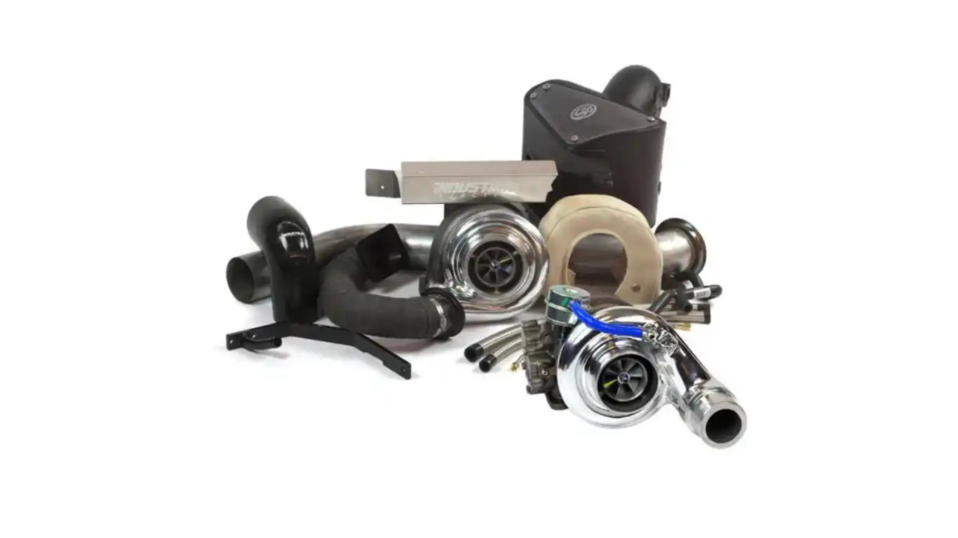 A collection of turbocharger components and accessories.