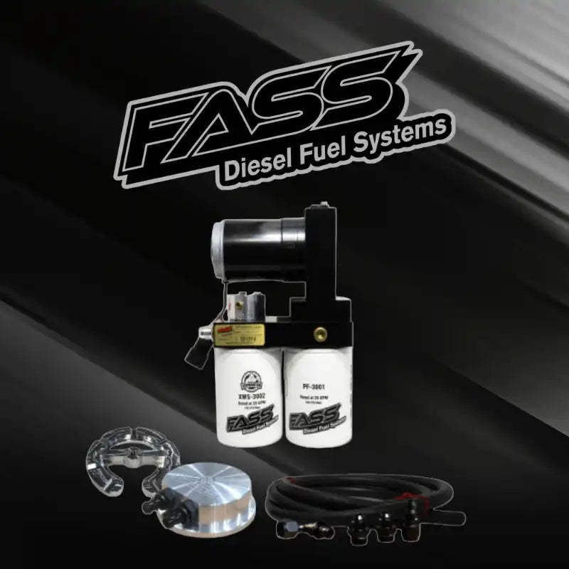 Diesel fuel system components including a pump, filters, and installation hardware.