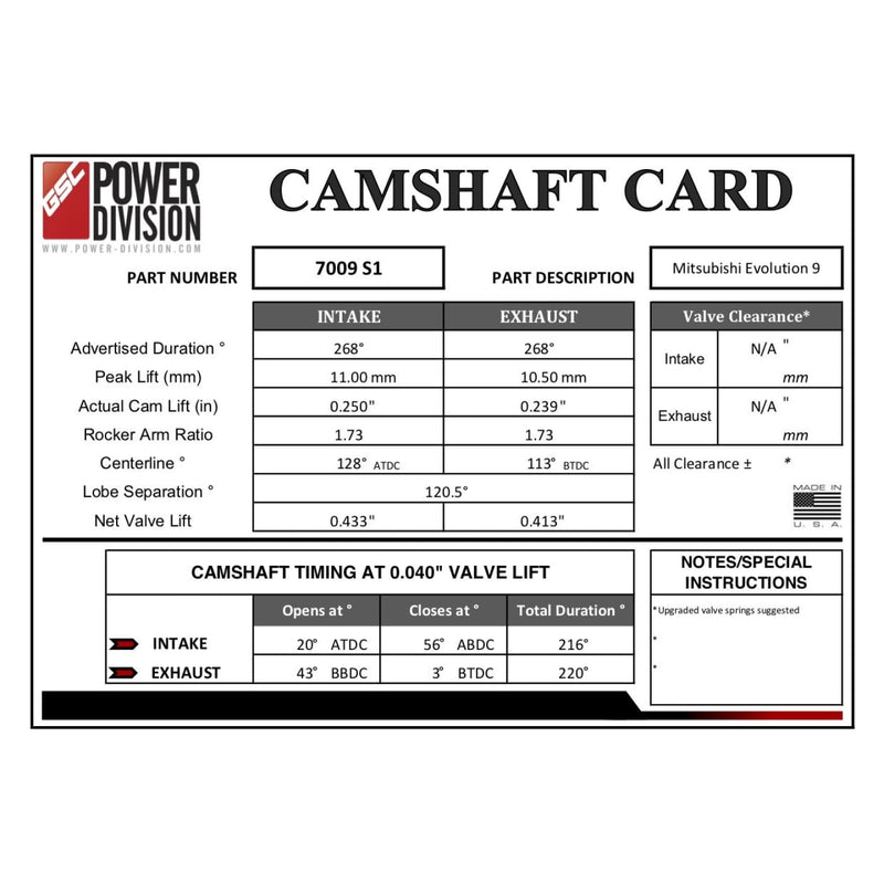 GSC Power Division Billet Mivec Cams | Evolution 9 - Stage 1 - Camshafts