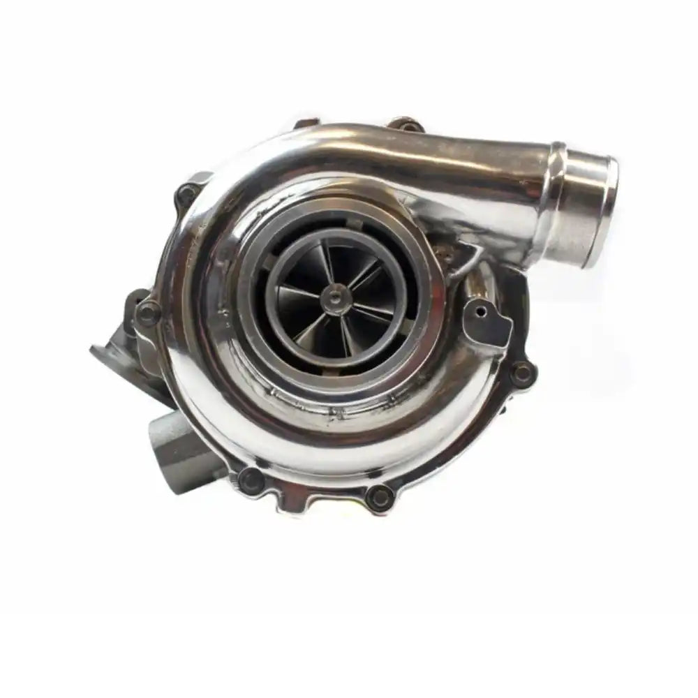 Polished chrome turbocharger with a visible compressor wheel.
