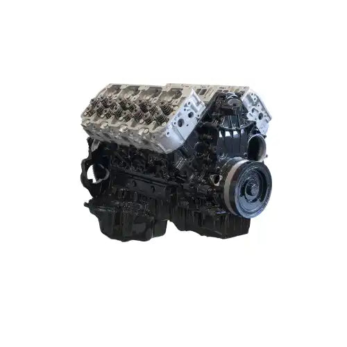 A V-style internal combustion engine with exposed cylinder heads and a dark-colored block.