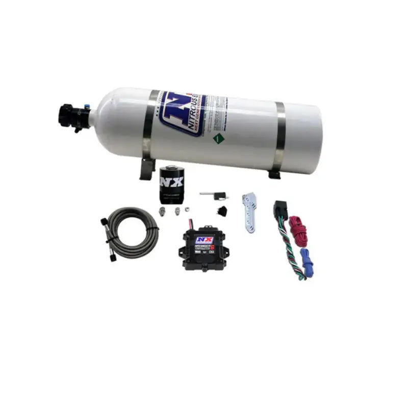 White cylindrical nitrous oxide tank with black fittings and silver bands, branded ’nx’ on the label.