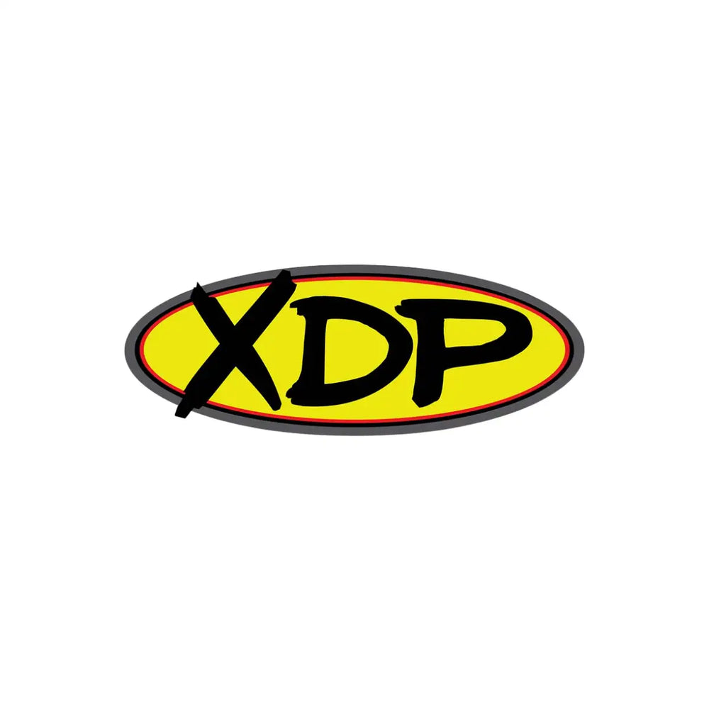 Yellow oval logo with black ’xdp’ text and a bold black ’x’ crossing through the first letter, framed by thin red and gray borders.