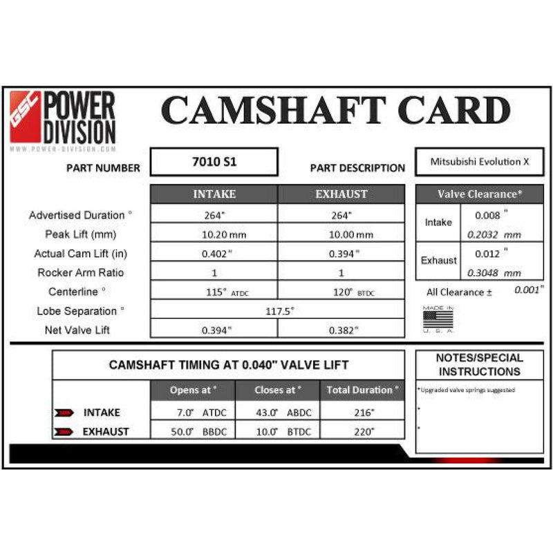 GSC Power Division Billet Cams | Evolution X - Stage 1 - Camshafts