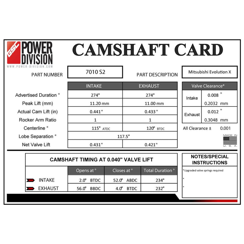 GSC Power Division Billet Cams | Evolution X - Stage 2 - Camshafts